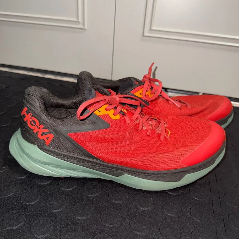 Hoka Zinal Mens 10.5D Vibram Megagrip Trail Running Shoes Red Orange Sneakers
